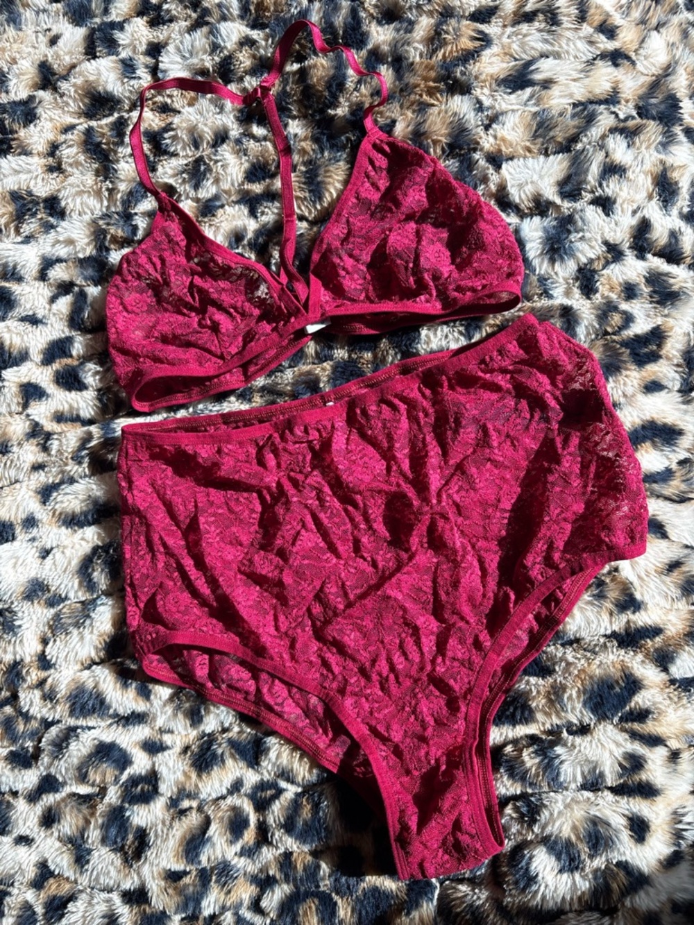 Lace Bralette & High-Waist Brief Set - Deep Berry Pink